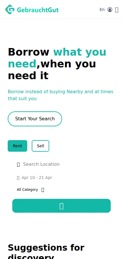Gebrauchtgut rental marketplace mobile website screenshot
