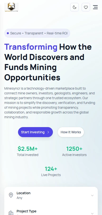 MineSyncr mining investment marketplace mobile website screenshot