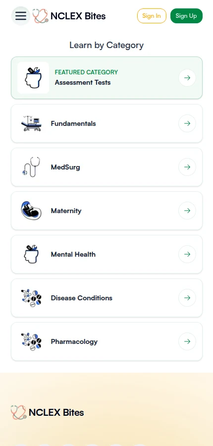 NCLEX Bites exam-prep platform mobile website screenshot